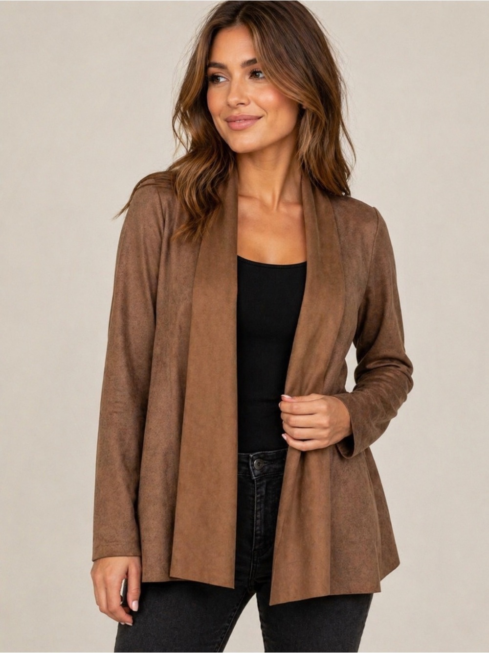 C. Luce Brown Faux Suede Open Front Jacket Size S - Picture 3 of 10